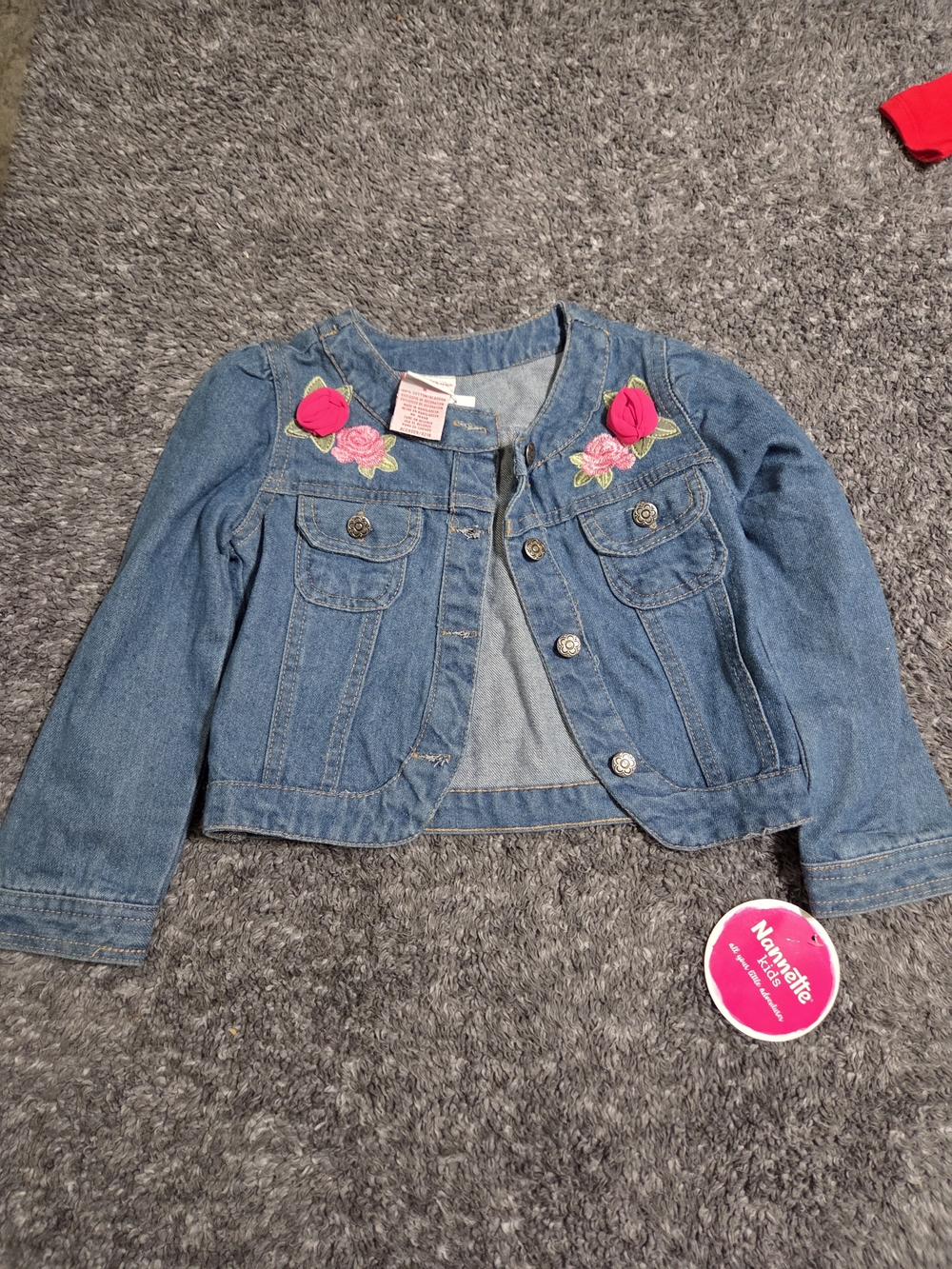 Nannette Light Blue Denim Jacket with Pink Rose Appliques
